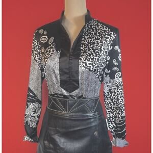 Vintage Bill Blass Black White Print Tunic Blouse | 90s Office Core | Statement